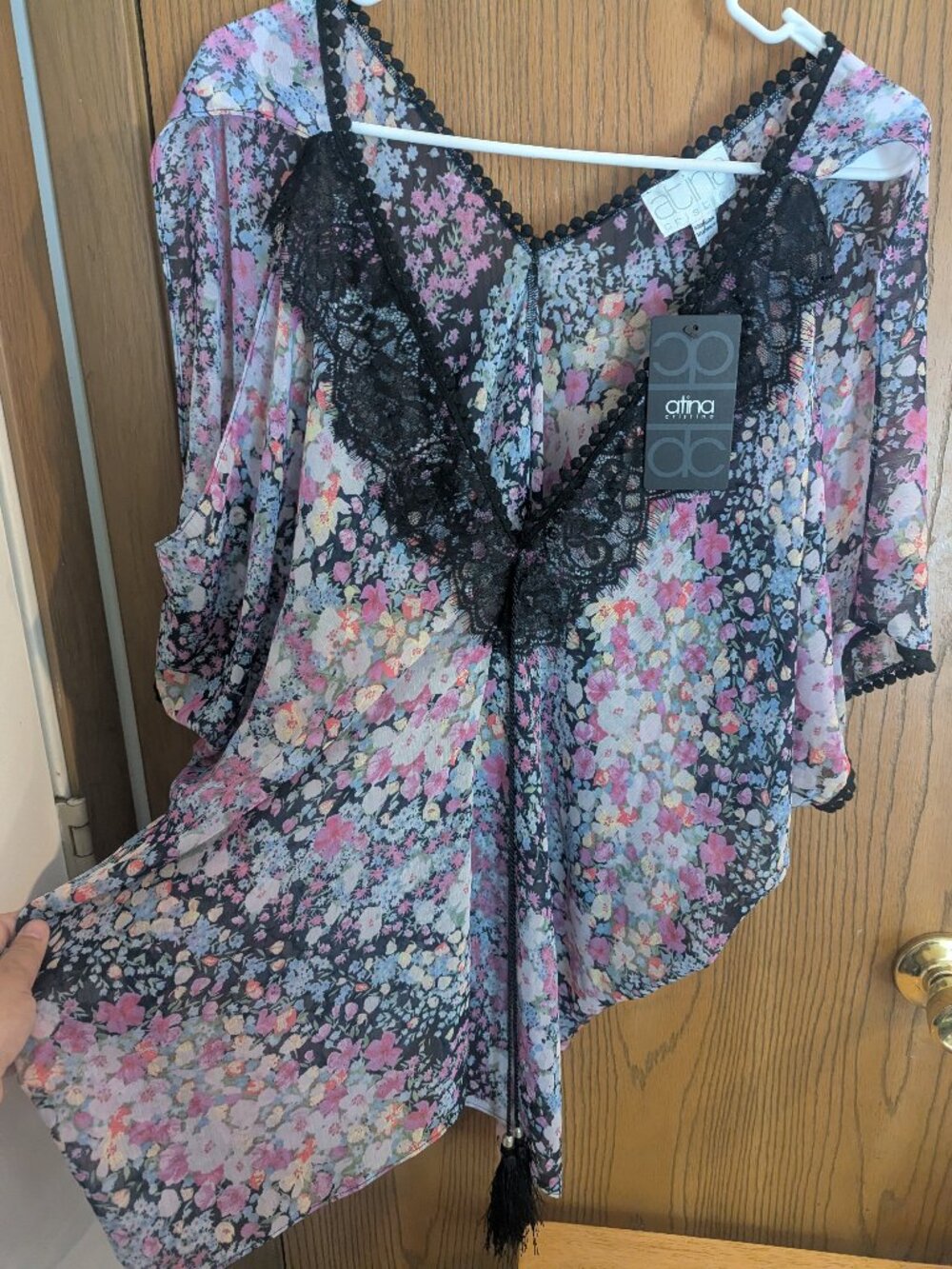 NWT Atina Cristina Semi Sheer V-neck Lace Peek Shoulder Blouse/Coverup Tassel-S